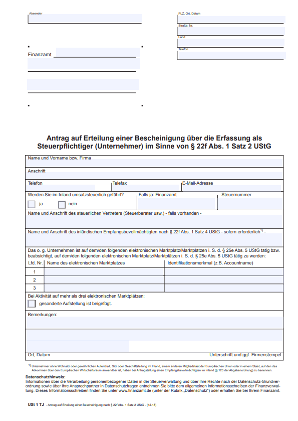 Formular für Bescheinigung nach §22f UstG