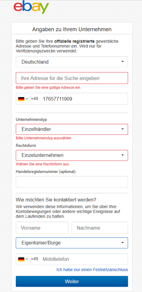 Gewerbliches eBay Konto erstellen: Angaben zum Unternehmen