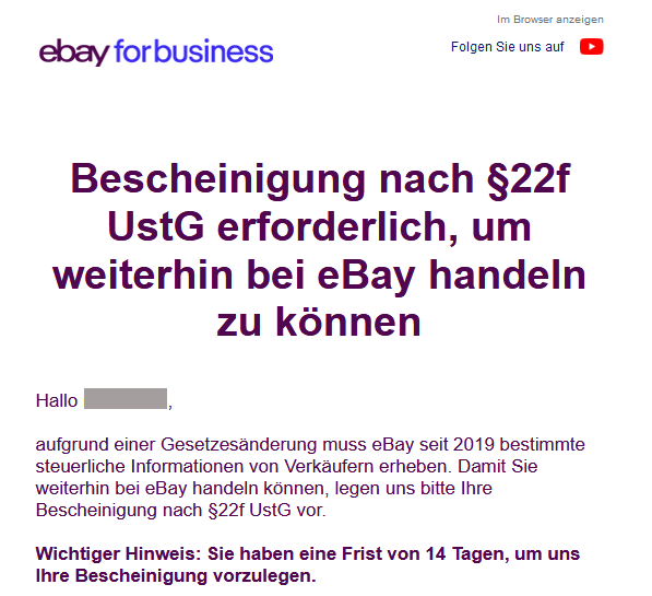 Bescheinigung nach §22f UstG bei eBay