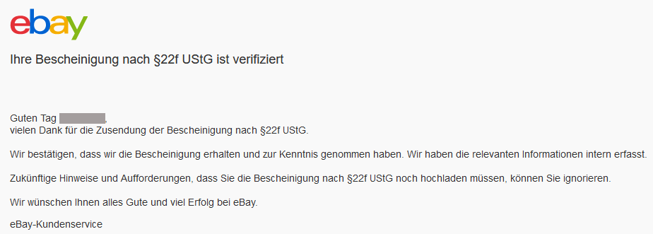 Bescheinigung §22f UstG Bestätigung