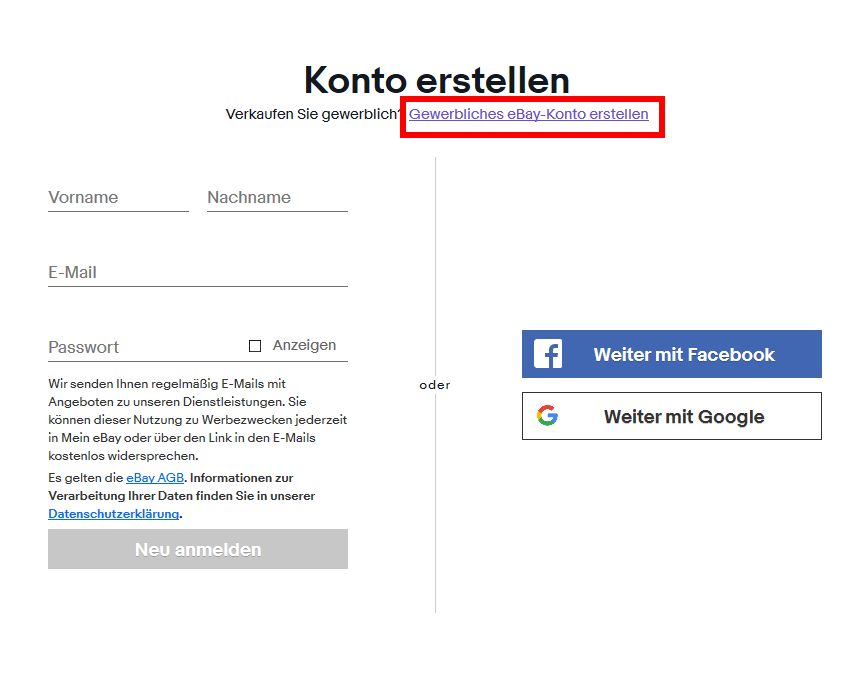 Gewerbliches eBay Konto erstellen: Konto erstellen