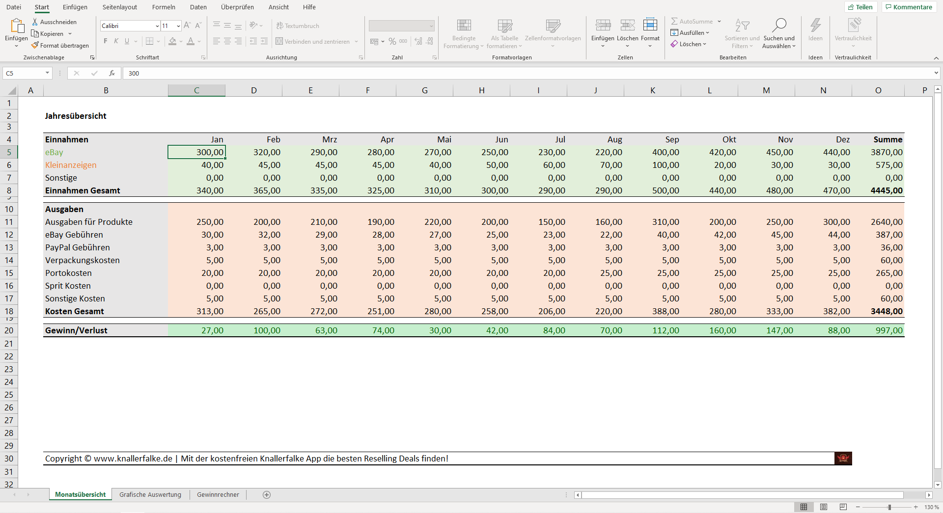 Reselling Excel Tabelle Jahresübersicht